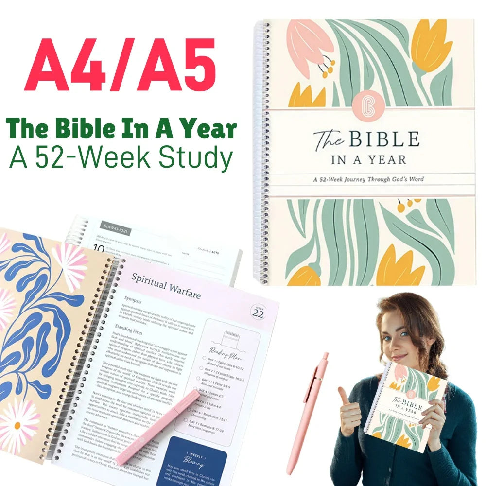 New The Bible in A Year A 52-Week Study Notebook Multi-Purpose Womens Bible Study Plan Leak-Proof for Daily Bible Study Notebook