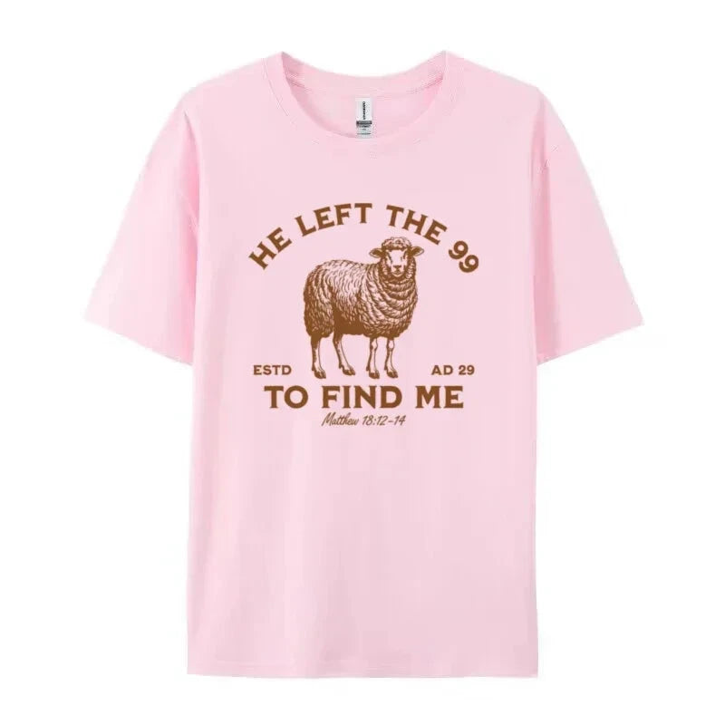 Pink t-shirt with a sheep graphic and text on a white background
