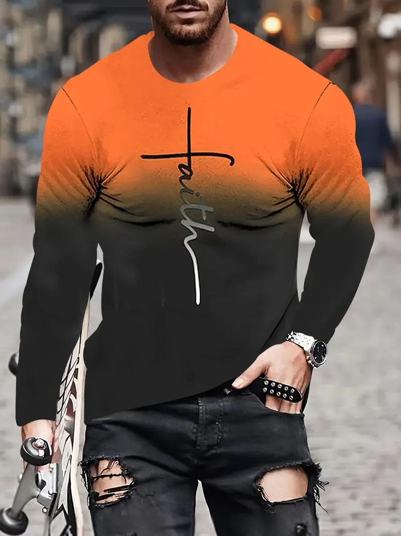 Christian Letter Pattern JESUS Vintage Men's T-Shirt Long Sleeve Crew Neck 3D Printed T-Shirt Sports Oversized Men Clothing