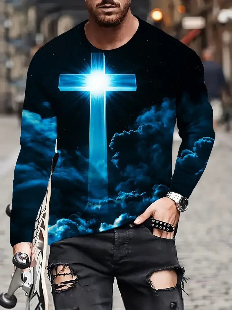 Christian Letter Pattern JESUS Vintage Men's T-Shirt Long Sleeve Crew Neck 3D Printed T-Shirt Sports Oversized Men Clothing