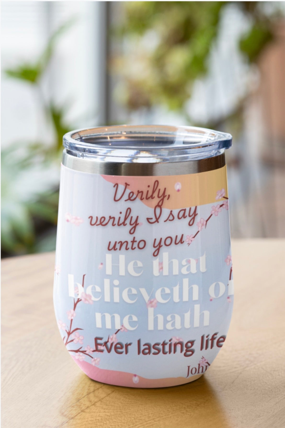 🌸 “Everlasting Life” Scripture Mug Tumbler – John 6:47 🌸