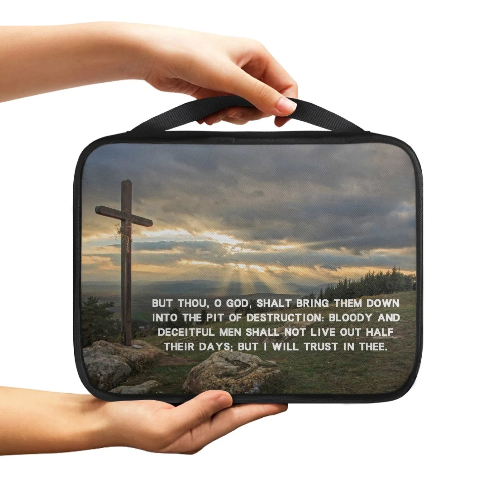 Print Cross and Psalm Text Bible Covers For Men Book Carrying Case Travel Bible Case Organizer With Handle For Easy Carrying