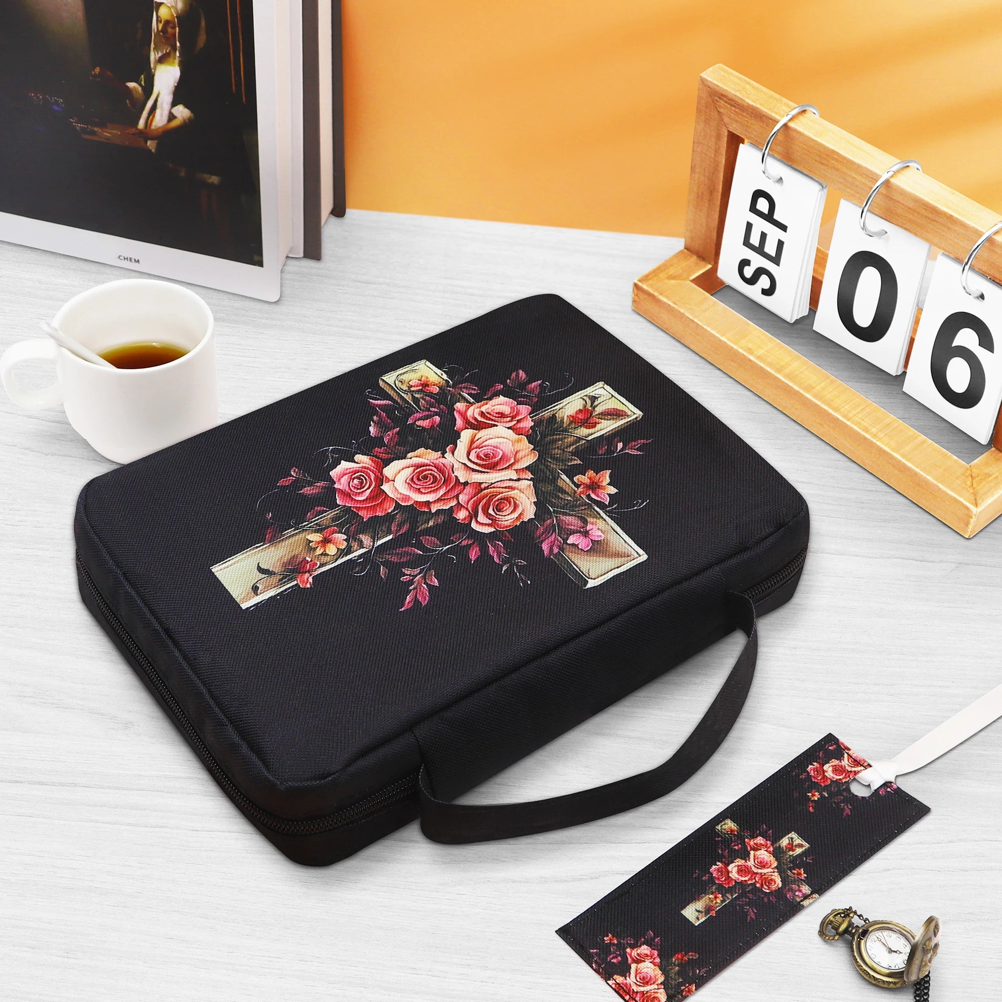 Bible Cover, Floral Bible Case With Handle & Pocket, Bible Book Case Carrying Organizer Bag With Bookmark, For Girls Catholic Ch