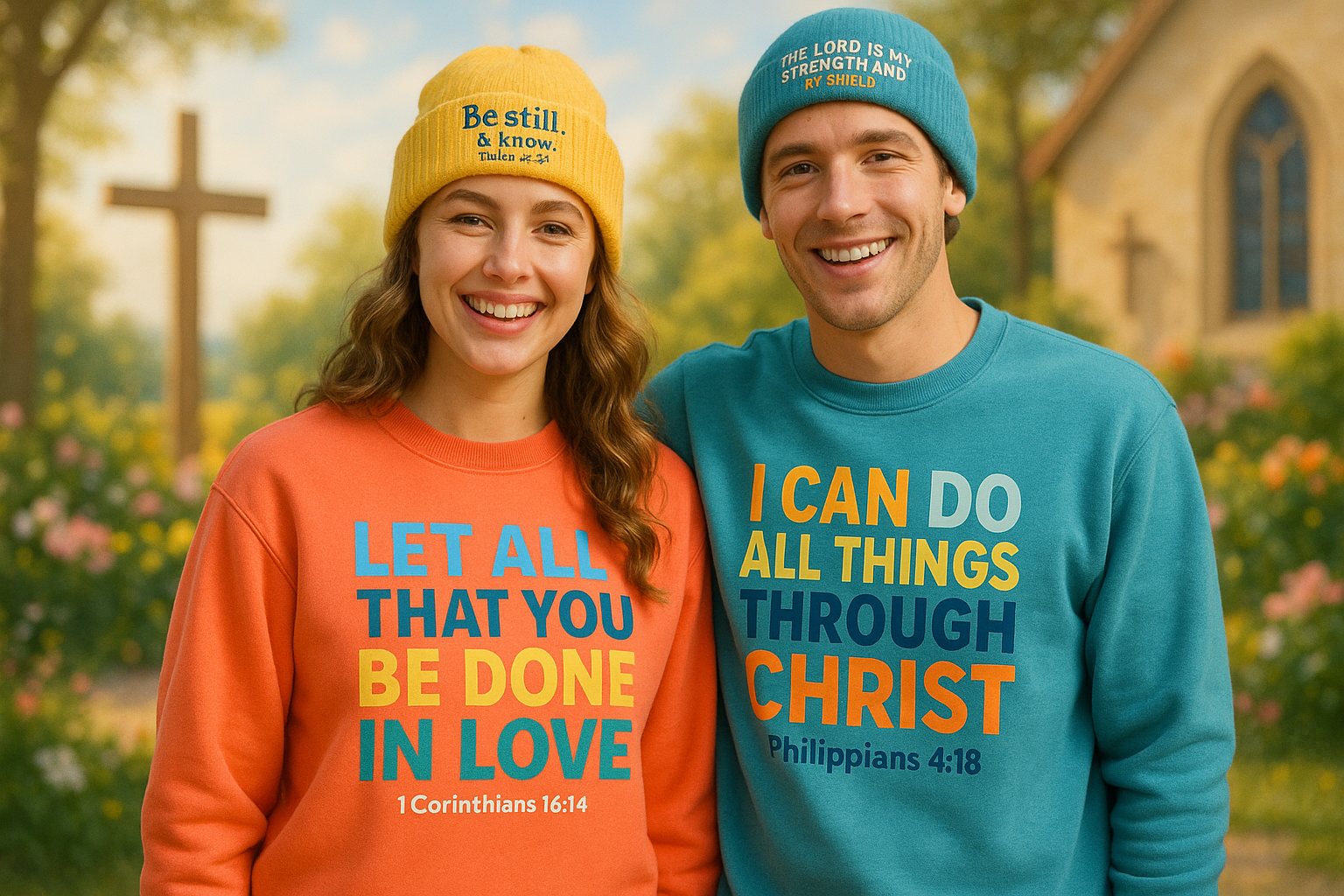 want a christian feeling back ground with a young lady and man with a sweat shirt with bible quotes and a beanie hat with bible quotes on it. i want the images to be colorful and cheerful and very realistic